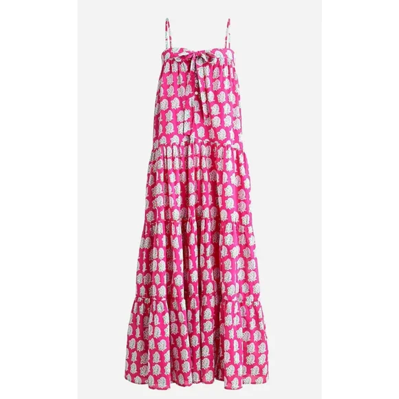 81. SZ Blockprints™ X J.Crew tie-front tiered maxi dress in bright-pink paisley - Picture 4 of 13